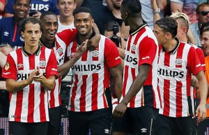(L-R) Andres Guardado, Joshua Brenet, Jurgen Locadia, Nicolat Isimat-Marin, Santiago Arias, Maxime Lestienne pf PSV during the Dutch Eredivisie match between PSV Eindhoven and Feyenoord Rotterdam at the Phillips stadium on August 30, 2015 in Eindhoven, The Netherlands(Photo by VI Images via Getty Images)