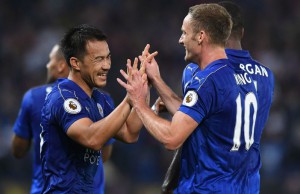 Leicester City's Japanese striker Shinji Okazaki (L) celebrates with Leicester City's Welsh midfielder Andy King after scoring his and Leicester's second goal during the English League Cup third round football match between Leicester City and Chelsea at King Power Stadium in Leicester, central England on September 20, 2016. / AFP / Anthony DEVLIN / RESTRICTED TO EDITORIAL USE. No use with unauthorized audio, video, data, fixture lists, club/league logos or 'live' services. Online in-match use limited to 75 images, no video emulation. No use in betting, games or single club/league/player publications.  /         (Photo credit should read ANTHONY DEVLIN/AFP/Getty Images)